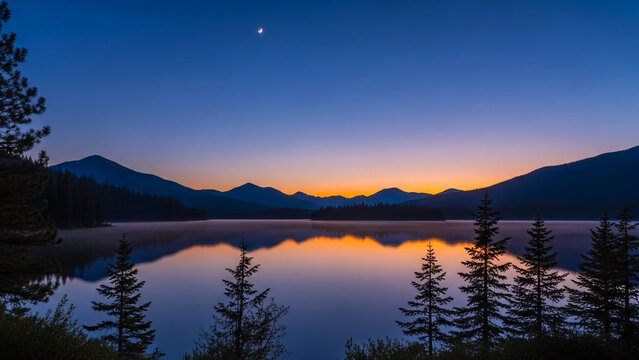 Serene lake at dusk with mountains and trees reflecting vibrant orange and blue hues in calm water under a starry sky with sunset and peaceful - Powered by Adobe