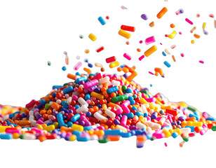 Close-up of colorful sprinkles cascading and forming a pile against a black background