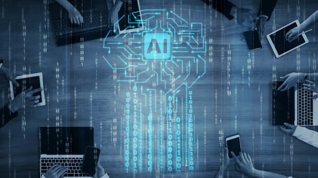 Futuristic technology concept showcasing artificial intelligence with hands working on devices surrounded by digital data and binary code patterns Gluon.