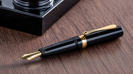 Elegant fountain pen with gold nib resting on wooden surface, showcasing its luxurious design and craftsmanship