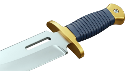 Close-up of a Tactical Knife with Blue Handle and Gold Guard