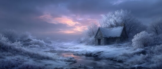 Fototapeta premium A solitary snow-covered stone cabin rests beside a dark stream under brooding dusk clouds, conveying mystery and quiet for moody seasonal art and storytelling themes.