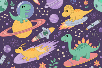 Fototapeta premium Cute hand drawn dinosaur in space seamless pattern with planets comet and telescope for kids