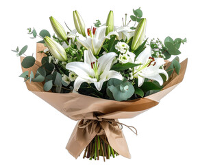Close-up of a bouquet of white lilies, baby's breath, and eucalyptus tied with twine
