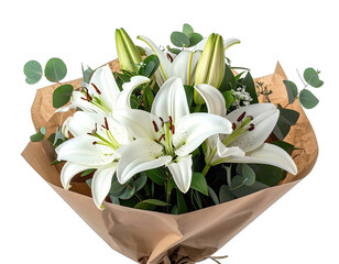 Close-up of a bouquet of white lilies wrapped in brown paper with green accents