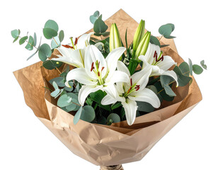 A bouquet of white lilies and green eucalyptus wrapped in brown paper