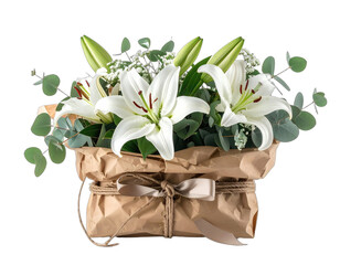 A bouquet of white lilies, greenery, & baby's breath, presented in a brown paper wrapping