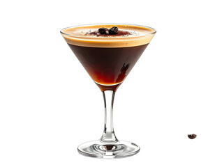 Close-up of espresso martini cocktail in elegant glass, isolated on black background