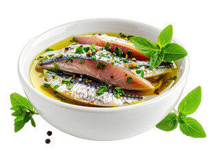 A white bowl displaying a seafood dish, with herbs, oil, and a black background