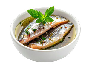 Close-up of a white bowl filled with marinated fish, herb garnish, oil, and seasonings