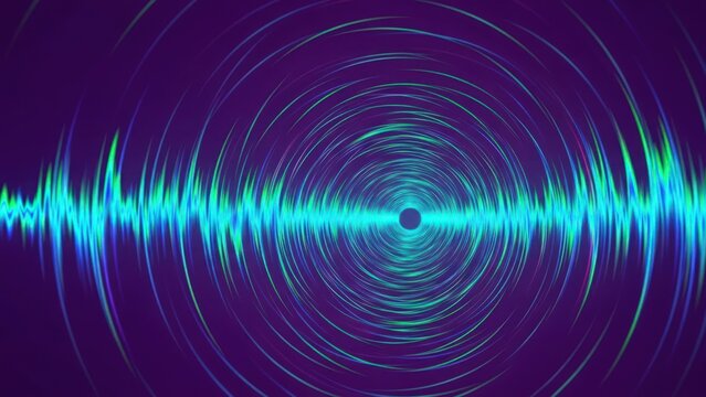 Abstract visualization of sound wave oscillation and circular ripple effect in vibrant blue and purple digital spectrum, representing audio frequency, music, or signal transmission technology concept