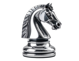 Gleaming silver chess knight figure, detailed design, isolated on black background, studio shot