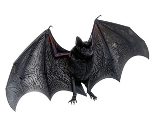 A black, fluffy bat with extended wings against a transparent background