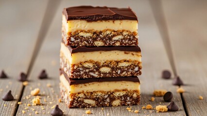 Delicious chocolate layered dessert on wooden surface