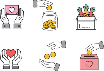 Charity and donation icon set showing hands giving money heart support and food aid concepts isolated on white background vector illustration