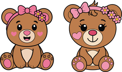 Cute teddy bear cartoon illustration set with pink bow flowers and hearts showing adorable baby bear characters isolated on white background vector design