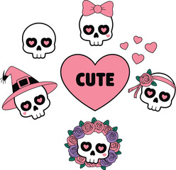 Cute skull illustration set with hearts flowers bow and witch hat showing kawaii spooky love theme isolated on white background vector design