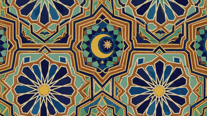 Islamic geometric seamless pattern background with crescent moon and star, traditional Arabic ornament for Ramadan and Eid © MAHDIHASAN