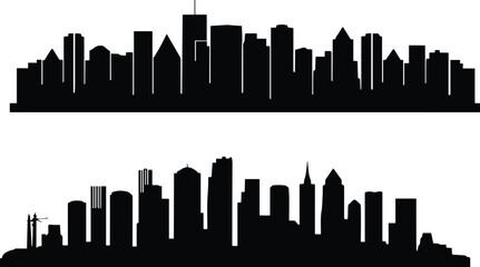Modern city skyline silhouette set featuring urban skyscrapers and downtown buildings isolated on white background metropolitan vector illustration