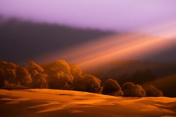Desert landscape at sunset with orange sand dunes and dramatic purple sky with light rays rolling hills