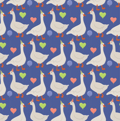 Seamless pattern with geese wearing party hats and holding bright balloons. Birthday background with funny birds 