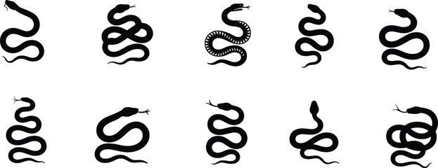 Snake silhouette collection showing various coiled and crawling snake poses isolated on white background wildlife animal vector illustration set