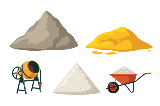 Construction materials including sand, cement, and tools