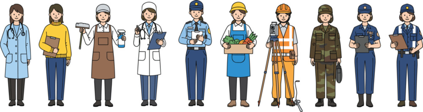 Professional Workers Character Set Showing Different Occupations Including Doctor, Chef, Police Officer, Construction Worker, Soldier, and Service Staff Vector Illustration