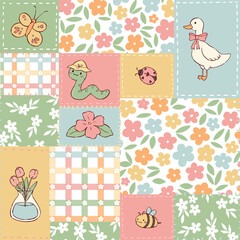 Cute patchwork seamless pattern with doodles and flowers for spring textile prints, wallpaper, scrapbooking, wrapping paper, planners, backgrounds, etc. EPS 10