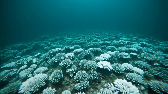 Vast underwater coral reef landscape with dense clusters of pale white bleached stony corals spreading across deep turquoise ocean floor