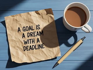 Crumbled paper note with inspirational quote and coffee cup on desk