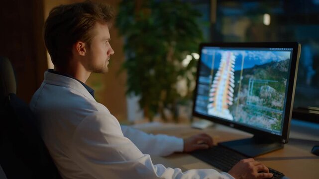 A chiropractor examining spinal posture using a digital posture scanner, real-time heatmap visuals showing curvature deviations and alignment points &mdash; advanced spinal diagnostics, modern
