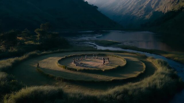 A circular communal farmland design inspired by indigenous land practices, with shared fields, water channels, and collective workspaces &mdash; community agriculture, traditional knowledge systems, and