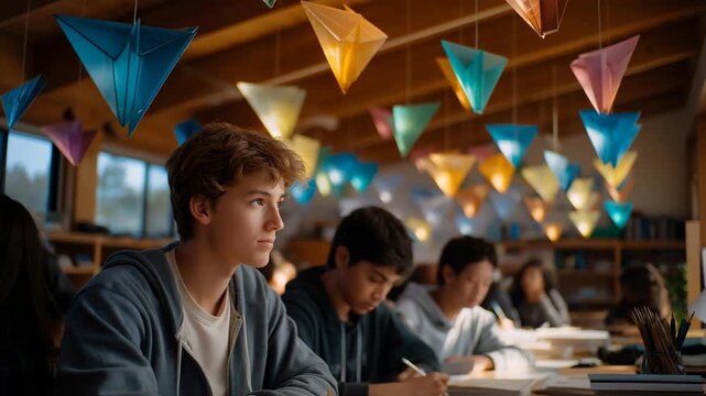 A classroom full of students experimenting with kinetic pendulums, colorful swinging weights forming mesmerizing patterns under guided STEM activity &mdash; classroom physics, hands-on learning, and