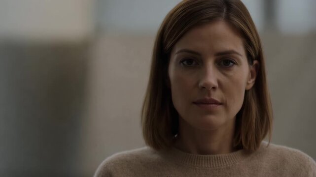 Adult woman with neutral expression in soft minimalist indoor setting