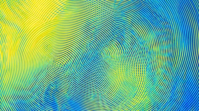 Dynamic abstract moir&eacute; pattern background created by overlapping fine curved lines in a bright yellow to electric blue shifting gradien