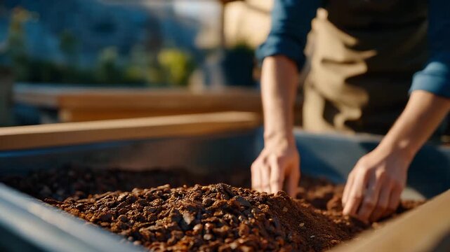 A community composting hub with sealed bins, volunteers raking organic waste, and gardeners collecting nutrient-rich soil &mdash; regenerative agriculture, local compost loops, and zero-waste lifestyle.