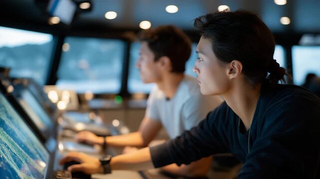 A commercial ship crew monitoring real-time propeller efficiency data on a digital bridge console, adjusting navigation paths to reduce fuel burn across long ocean routes &mdash; maritime fuel