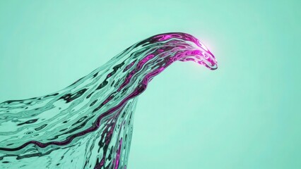 Abstract dynamic wave of liquid particles forming a serpentine shape with glowing magenta highlights against a soft teal background, digital art concept