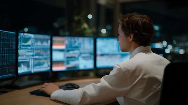 A cybersecurity analyst monitoring an ultra-sensitive intrusion detection system on a multi-screen dashboard, tiny anomalies lighting up in red as the AI catches unusual behavior &mdash; digital defense,