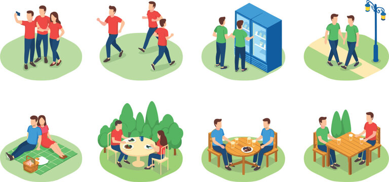 Friends Social Activities Vector Set Showing People Hanging Out, Walking Together, Picnic, Outdoor Games, Vending Machine Snacks, and Leisure Lifestyle Scenes