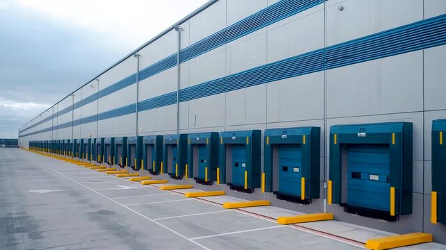 Modern industrial warehouse exterior with long row of blue loading dock doors bays aligned along concrete apron under overcast sky