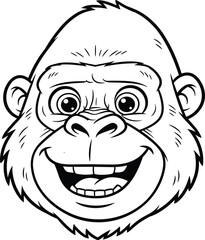 Obraz premium Cartoon gorilla face, black and white illustration, smiling ape character, expressive animal drawing, fun jungle art, kids graphic design