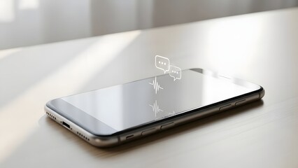 A modern smartphone displays holographic speech bubbles floating above its screen suggesting digital communication