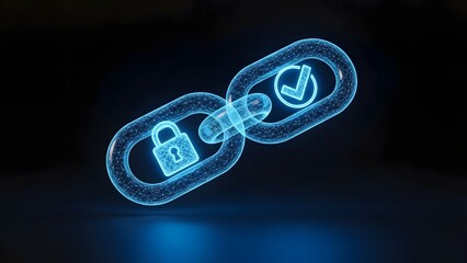 Glowing blue chain links depict security and verification with a padlock and checkmark symbol