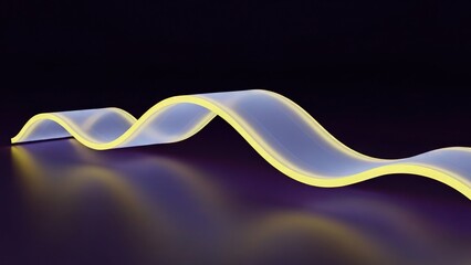 A glowing yellow wavy light strip on a dark background with a reflective surface