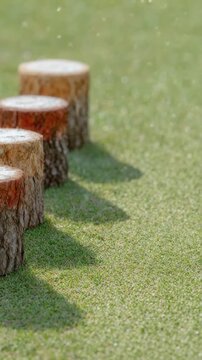 Tree stumps in a row on green grass outdoors