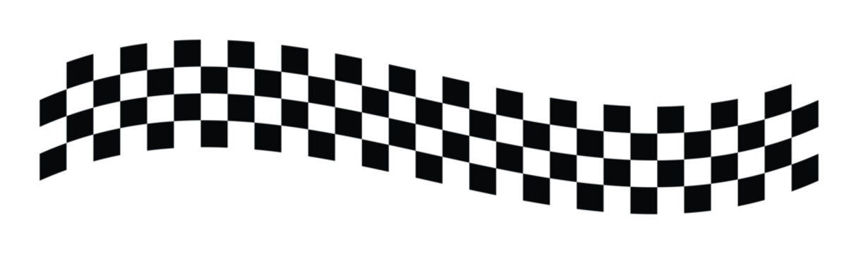 Minimalist checkered wave border pattern, curved racing flag squares flowing stripe, abstract geometric divider for motorsport branding, banner design, poster layout, social media headers