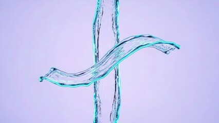 A close-up view of clear water flowing in a dynamic and serene motion against a light purple background