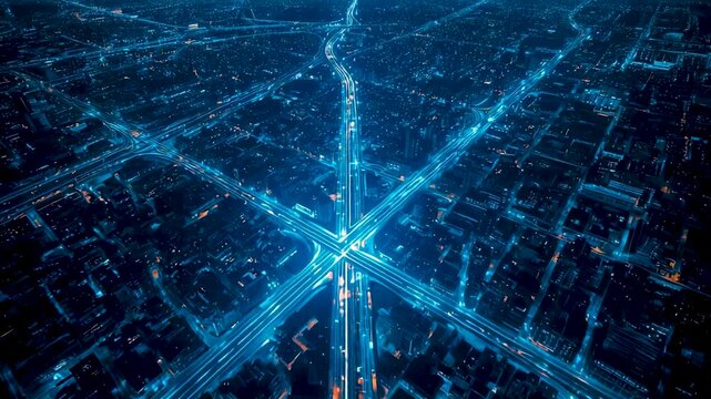 Aerial night view of vibrant blue glowing city grid with intersecting highways streets and radiant light trails forming symmetrical cross pattern